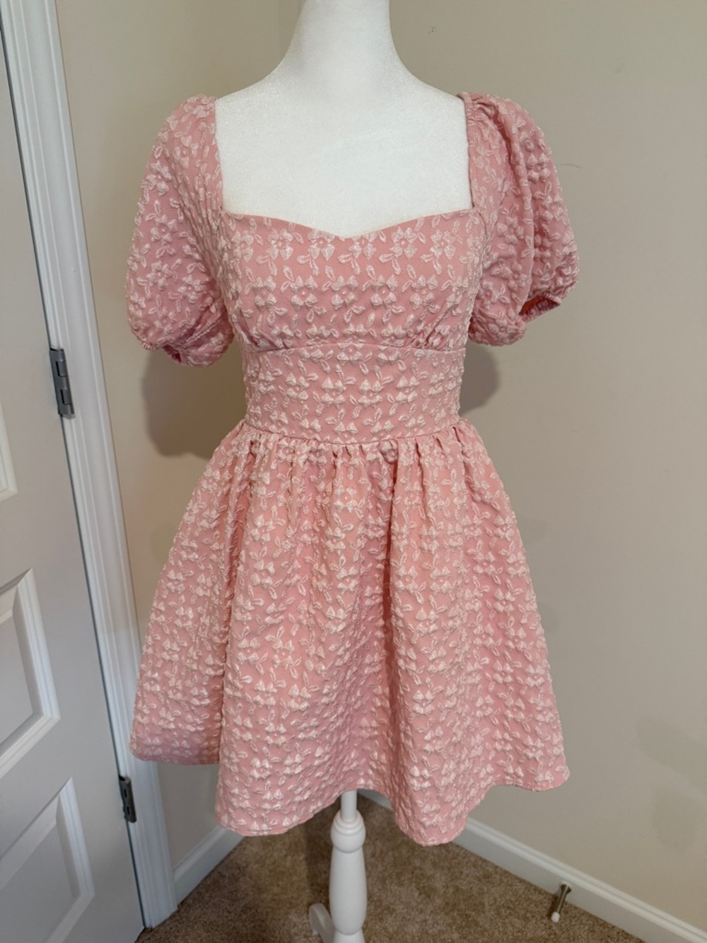 SHEIN Blush Pink Puff Sleeve Fit-and-Flare Dress